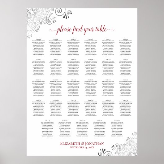 Silver Frills 29 Table Wedding Seating Chart Red Poster (Vorne)