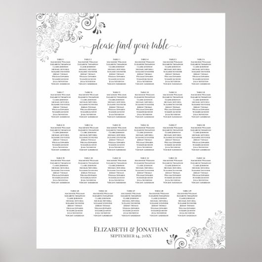 Silver Frills 29 Table Wedding Seating Chart White Poster (Vorne)