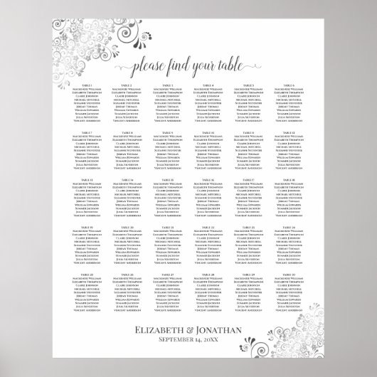Silver Frills 30 Table Wedding Seating Chart White Poster (Vorne)