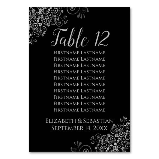Silver Frills auf Black Wedding Seating Chart Tischnummer (Vorderseite)