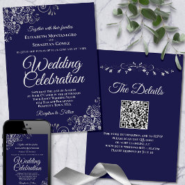 Silver Frills auf Navy Blue Elegant QR Code Weddin Einladung
