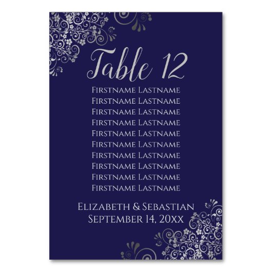 Silver Frills auf Navy Blue Wedding Seating Chart Tischnummer (Vorderseite)