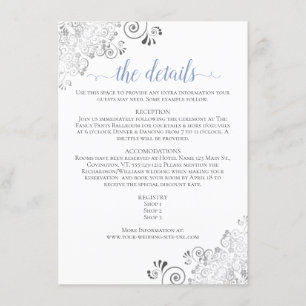 Silver Frills Blue on White Wedding Details Begleitkarte