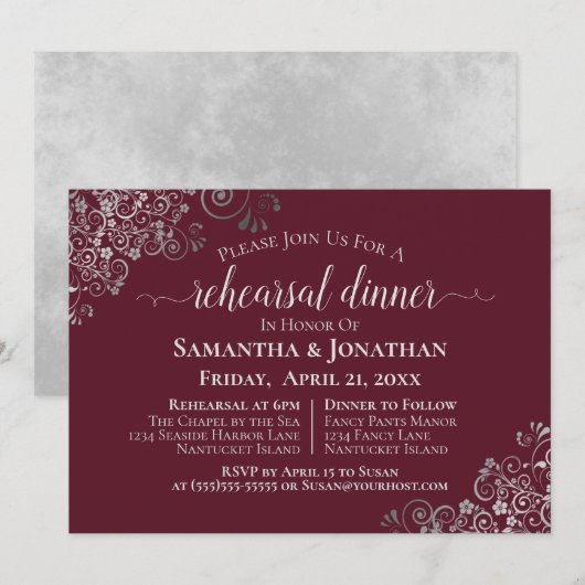 Silver Frills Burgundy Wedding Probe & Dinner Einladung (Vorne/Hinten)