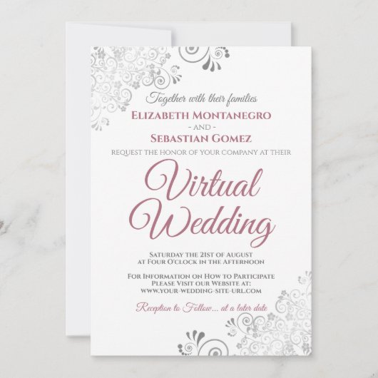 Silver Frills Dusty Rose & White Virtual Wedding Einladung (Vorderseite)