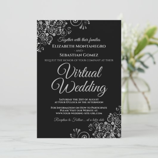 Silver Frills Elegant Black Virtual Wedding Einladung (Stehend Vorderseite)