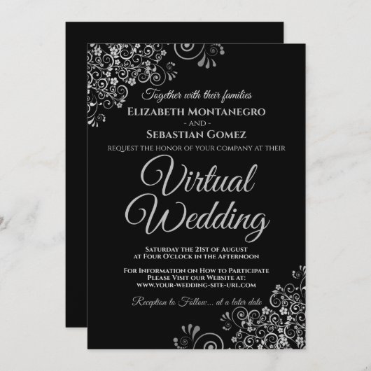 Silver Frills Elegant Black Virtual Wedding Einladung (Vorne/Hinten)