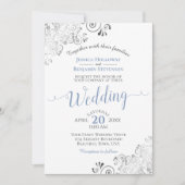 Silver Frills Elegant Blue & Gray on White Wedding Einladung (Vorderseite)