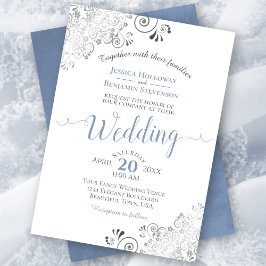 Silver Frills Elegant Blue & Gray on White Wedding Einladung