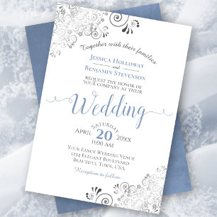 Silver Frills Elegant Blue & Gray on White Wedding Einladung