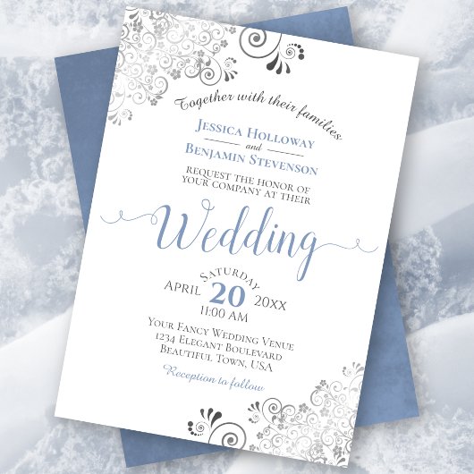 Silver Frills Elegant Blue & Gray on White Wedding Einladung
