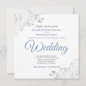 Silver Frills Elegant Blue & White Square Wedding Einladung (Vorderseite)