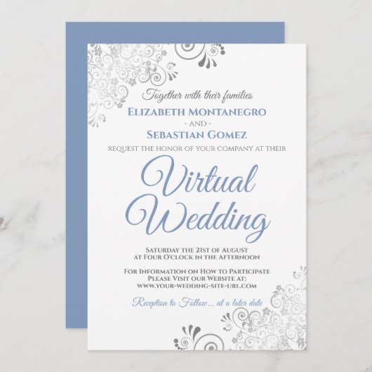 Silver Frills Elegant Blue & White Virtual Wedding Einladung (Vorne/Hinten)
