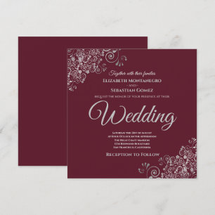 Silver Frills Elegant Burgundy Square Wedding Einladung