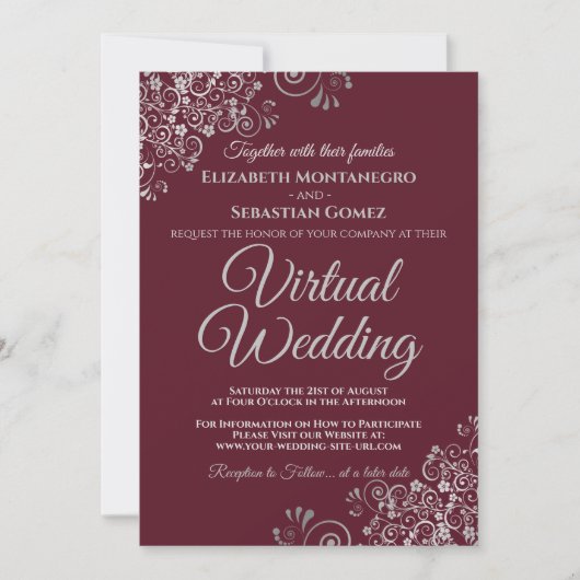 Silver Frills Elegant Burgundy Virtual Wedding Einladung (Vorderseite)