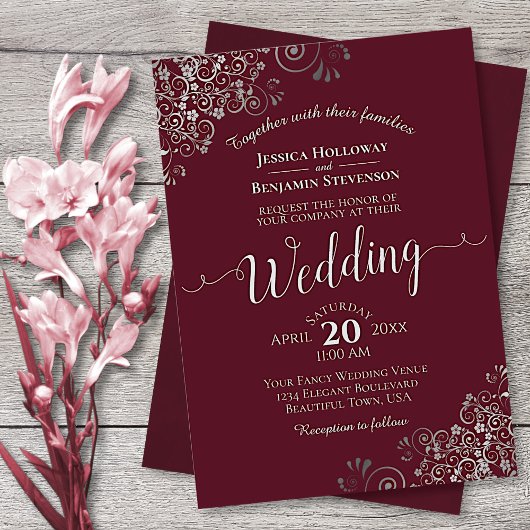 Silver Frills Elegant Burgundy Wedding Einladung