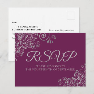 Silver Frills Elegant Cassis Lila Wedding RSVP Postkarte