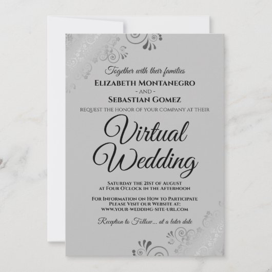 Silver Frills Elegant Gray Virtual Wedding Einladung (Vorderseite)