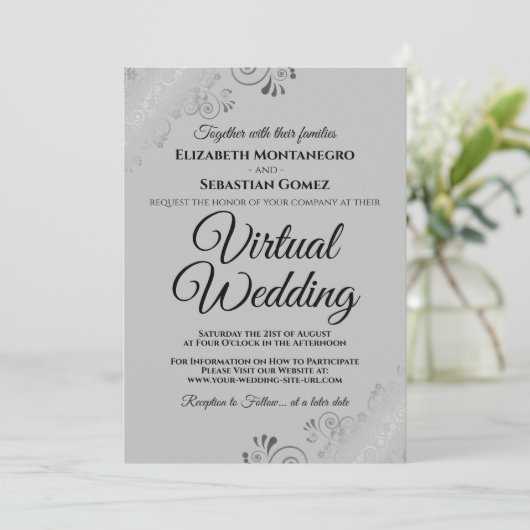 Silver Frills Elegant Gray Virtual Wedding Einladung (Stehend Vorderseite)