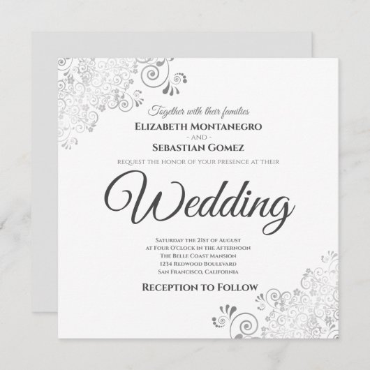 Silver Frills Elegant Gray & White Square Wedding Einladung (Vorne/Hinten)