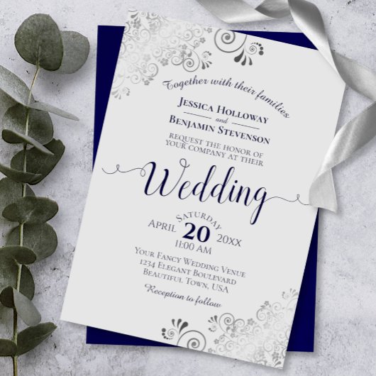 Silver Frills Elegant Navy Blue & Gray Wedding Einladung
