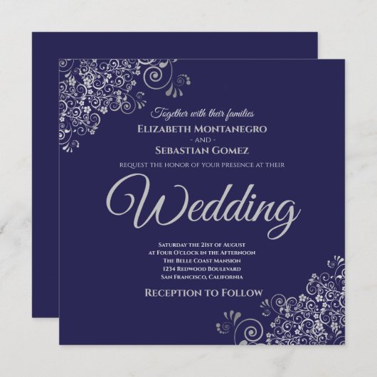 Silver Frills Elegant Navy Blue Square Wedding Einladung (Vorne/Hinten)