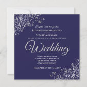 Silver Frills Elegant Navy Blue Square Wedding Einladung (Vorderseite)
