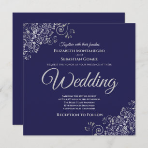 Silver Frills Elegant Navy Blue Square Wedding Einladung