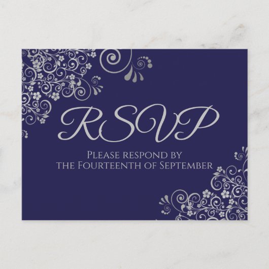 Silver Frills Elegant Navy Blue Wedding RSVP Postkarte (Vorderseite)