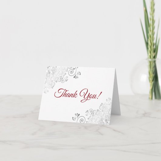 Silver Frills Elegant White & Red Script Wedding Dankeskarte (Vorderseite)