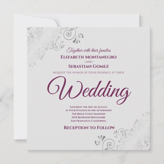 Silver Frills Elegante Cassis & Gray Square Weddin Einladung (Vorderseite)