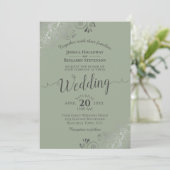 Silver Frills Elegante Sage oder Olive Green Weddi Einladung (Stehend Vorderseite)