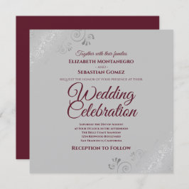 Silver Frills Gray Burguny Elegante Square Wedding Einladung