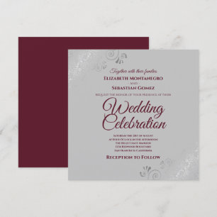 Silver Frills Gray Burguny Elegante Square Wedding Einladung