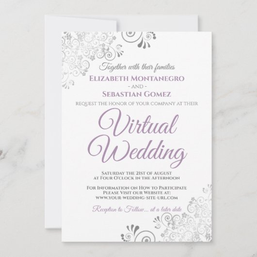 Silver Frills Lavender & White Virtual Wedding Einladung (Vorderseite)