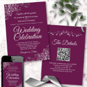 Silver Frills Magenta Plum Eleganter QR Code Hochz Einladung