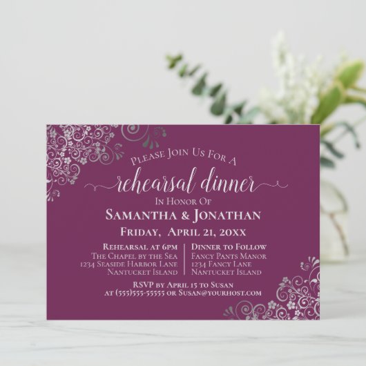 Silver Frills Magenta Wedding Probe & Dinner Einladung (Stehend Vorderseite)