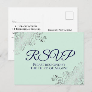 Silver Frills Mint Green & Navy Blue Wedding RSVP Postkarte