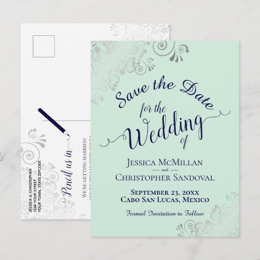 Silver Frills Mint & Navy Wedding Speichern Sie da Ankündigungspostkarte (Vorne/Hinten)
