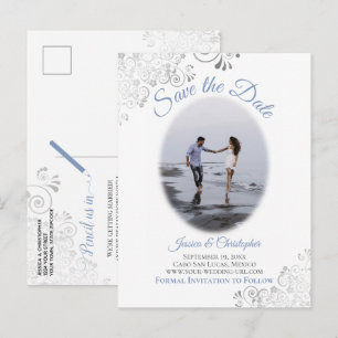 Silver Frills mit Foto Blue Wedding Save the Date Ankündigungspostkarte