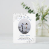 Silver Frills mit Foto Blue Wedding Save the Date Ankündigungspostkarte (Stehend Vorderseite)