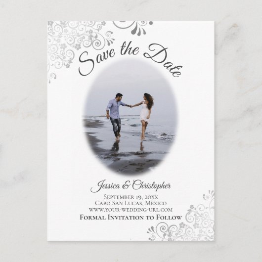 Silver Frills mit Foto Chic Wedding Save the Date Ankündigungspostkarte (Vorderseite)