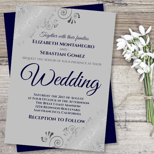 Silver Frills Navy Blue auf Gray Wedding Einladung