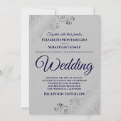 Silver Frills Navy Blue auf Gray Wedding Einladung (Vorderseite)