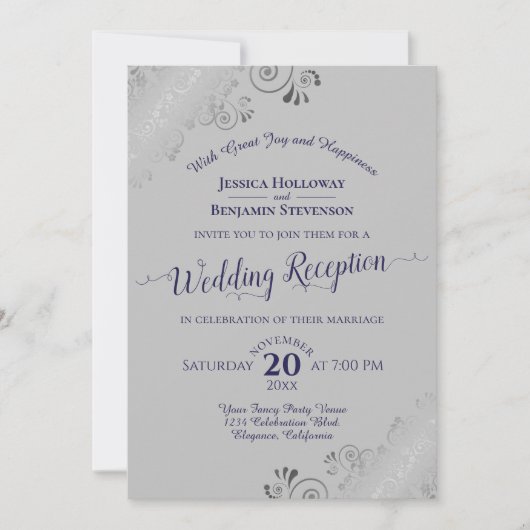 Silver Frills Navy Blue & Gray Wedding Reception Einladung (Vorderseite)
