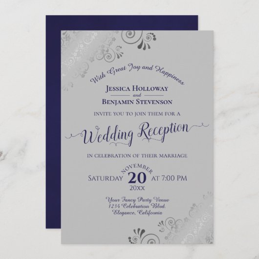 Silver Frills Navy Blue & Gray Wedding Reception Einladung (Vorne/Hinten)