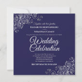 Silver Frills Navy Simple Elegant Square Wedding Einladung (Vorderseite)