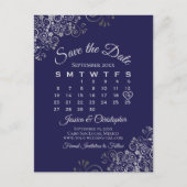 Silver Frills Navy Wedding Save the Date Calendar Ankündigungspostkarte (Vorderseite)