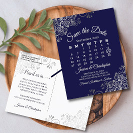 Silver Frills Navy Wedding Save the Date Calendar Ankündigungspostkarte