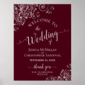 Silver Frills on Burgund Elegant Wedding Willkomme Poster (Vorne)